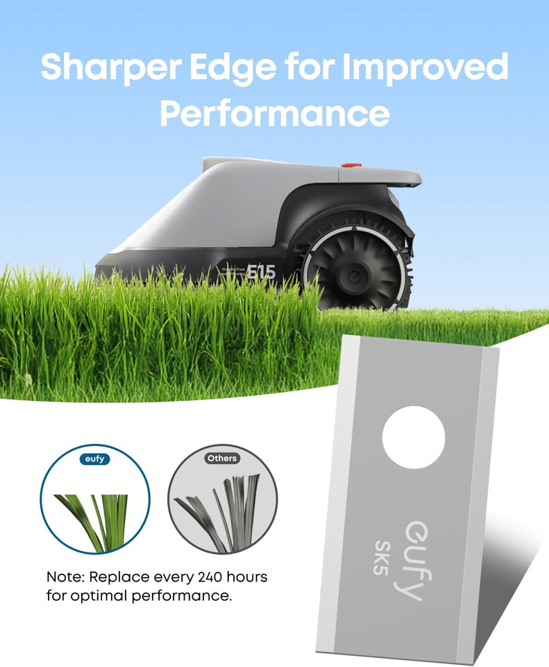 Eufy Robot Lawn Mower E15, Wire-Free, 800m² Coverage, Auto Mapping, Obstacle Avoidance, Edge Trimming, Blade Set