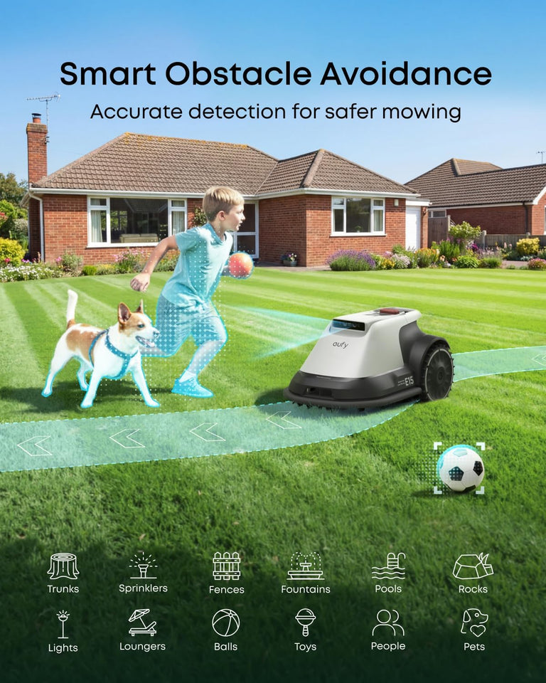 Eufy Robot Lawn Mower E15, Wire-Free, 800m² Coverage, Auto Mapping, Obstacle Avoidance, Edge Trimming, Blade Set